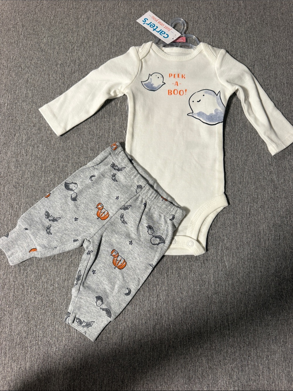 Carter's Cream & Gray Ghost 'Peek-A-Boo' One-Piece with Gray Pumpkin Pants